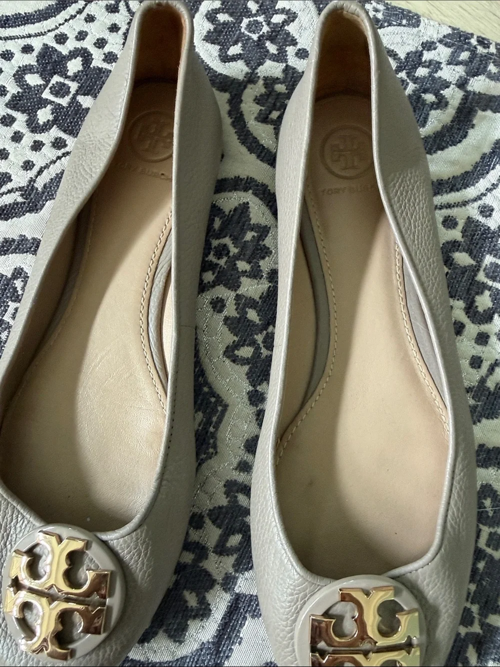 Tory Burch Taupe Leather Logo Ballet Flats with Gold Medallion